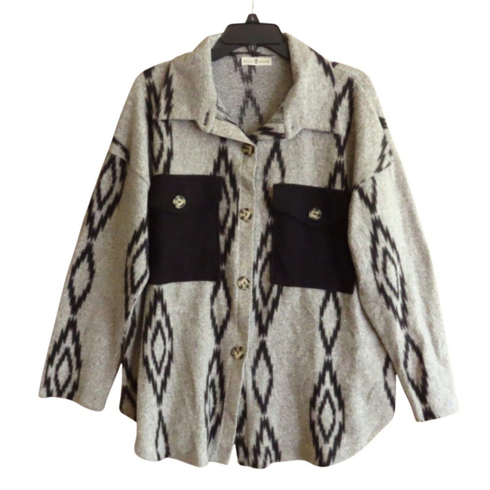 SKULL HOUSE Super Soft Knit BUTTON-UP SHIRT TOP Shacket Oversize GRAY/BLACK sz S